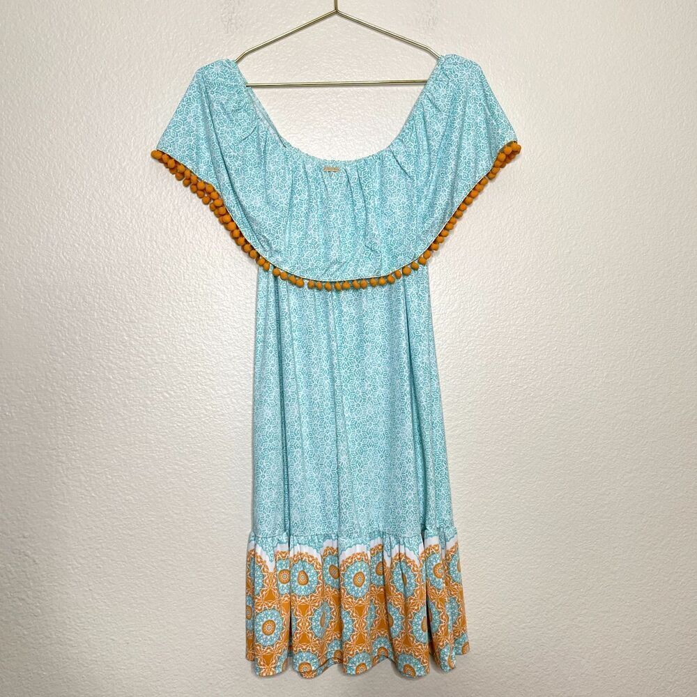 Cabana Life Dress Large Off Shoulder Tassel Pom Pom Resort Beach Cover Up Teal - Picture 9 of 9